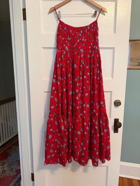 Red Floral Smocked Maxi Dress with Spaghetti Straps